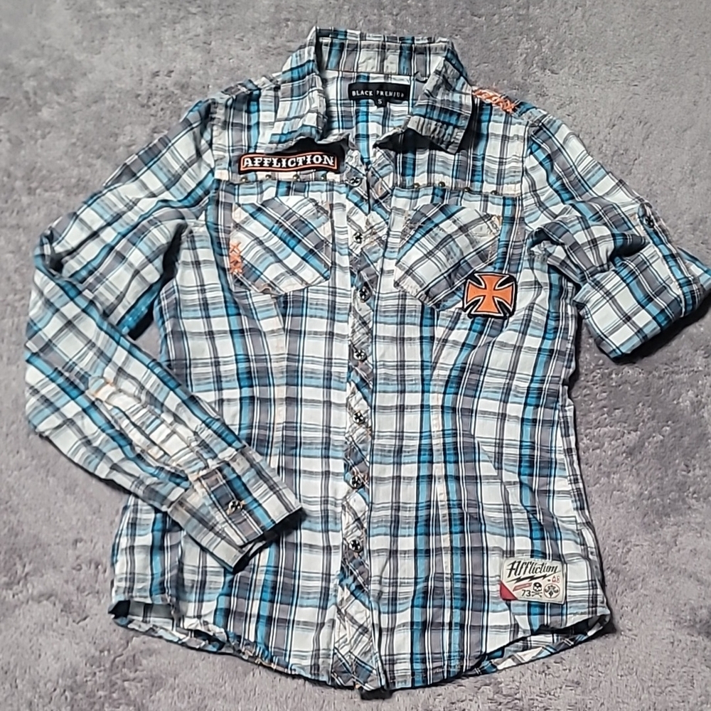 Affliction Black Premium Button Down Blue Plaid Women's Sz Small
